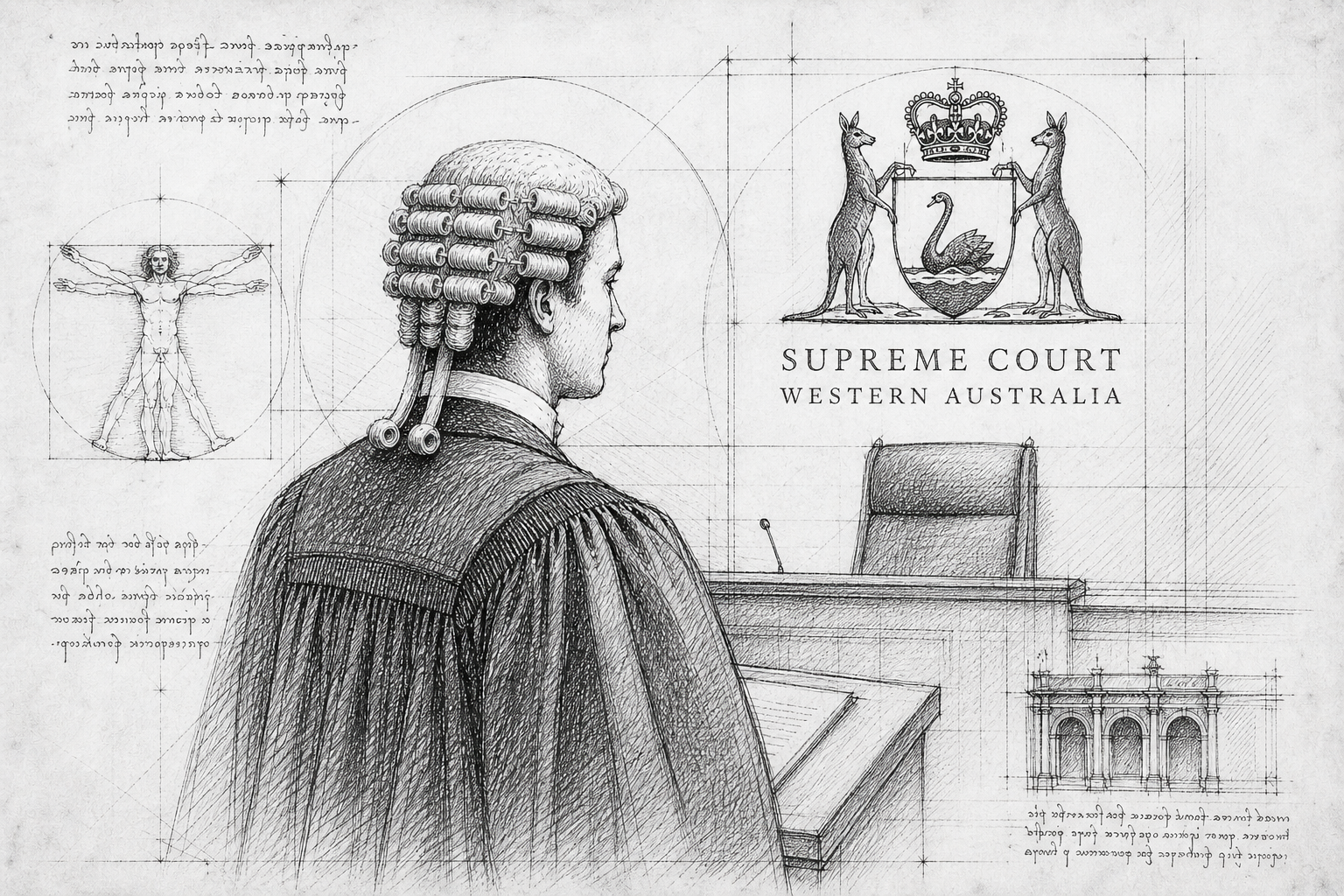 Illustration of a courtroom barrister before the Supreme Court of Western Australia crest